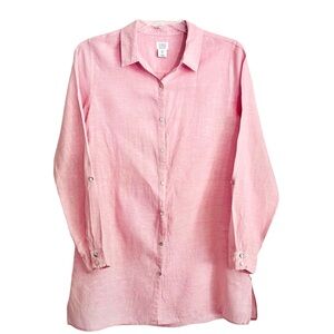 Sigrid Olsen Size L Soft Pink Long Sleeve Button Front Tunic Shirt 100% Linen